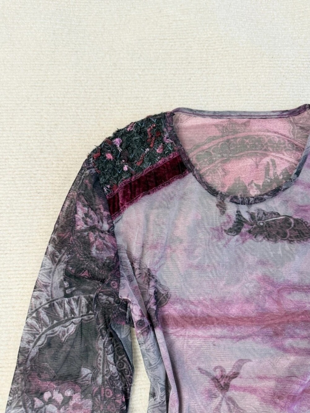 Y2K Gothic Purple Long Sleeve Sheer Floral Mesh  Patchwork Top Size M/ US 8-10 - Picture 7 of 17